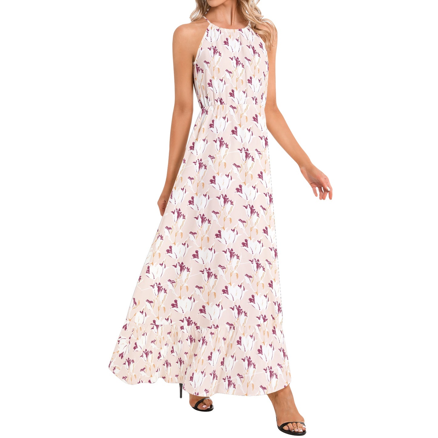 Ruffle Hem Halter Neck Maxi Dress