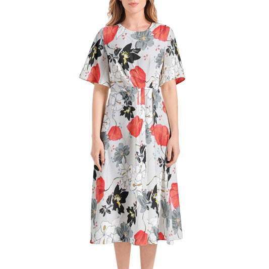 Short Sleeve Waist Folding Midi Dress