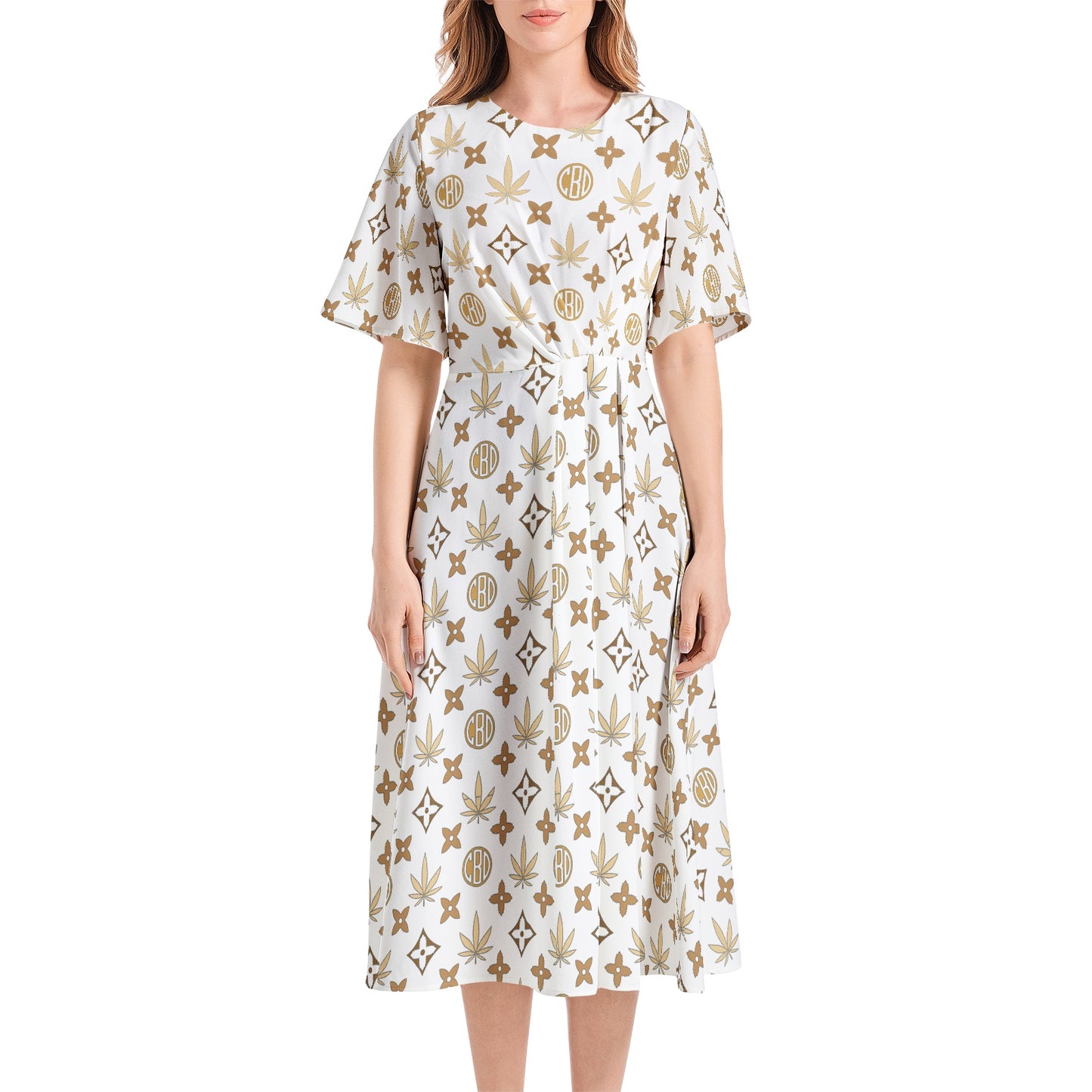 Short Sleeve Waist Folding Midi Dress