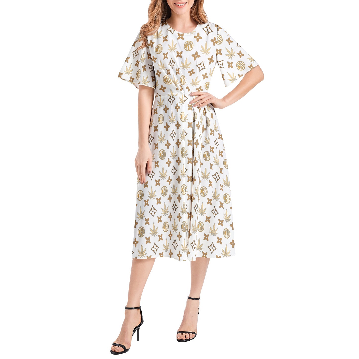 Short Sleeve Waist Folding Midi Dress