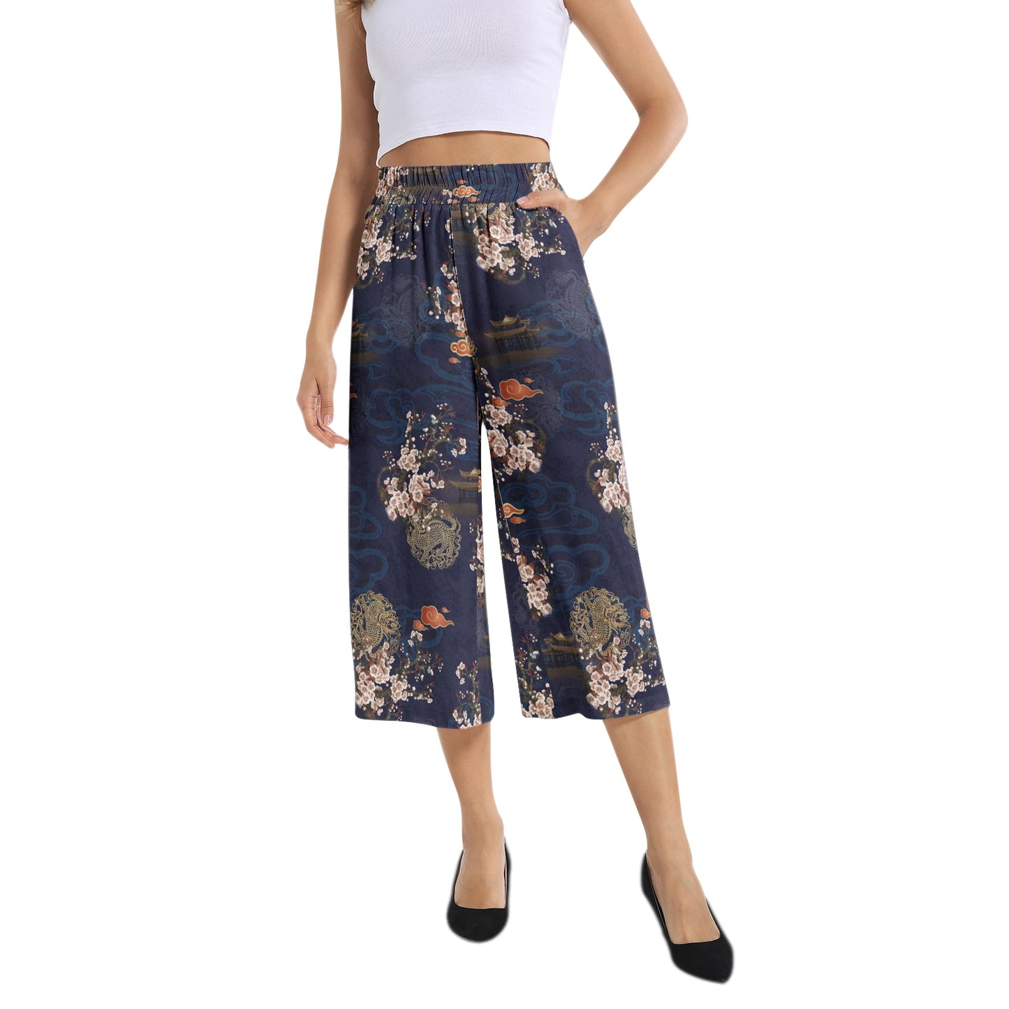 Elastic Waist Capris Wide Leg Pant