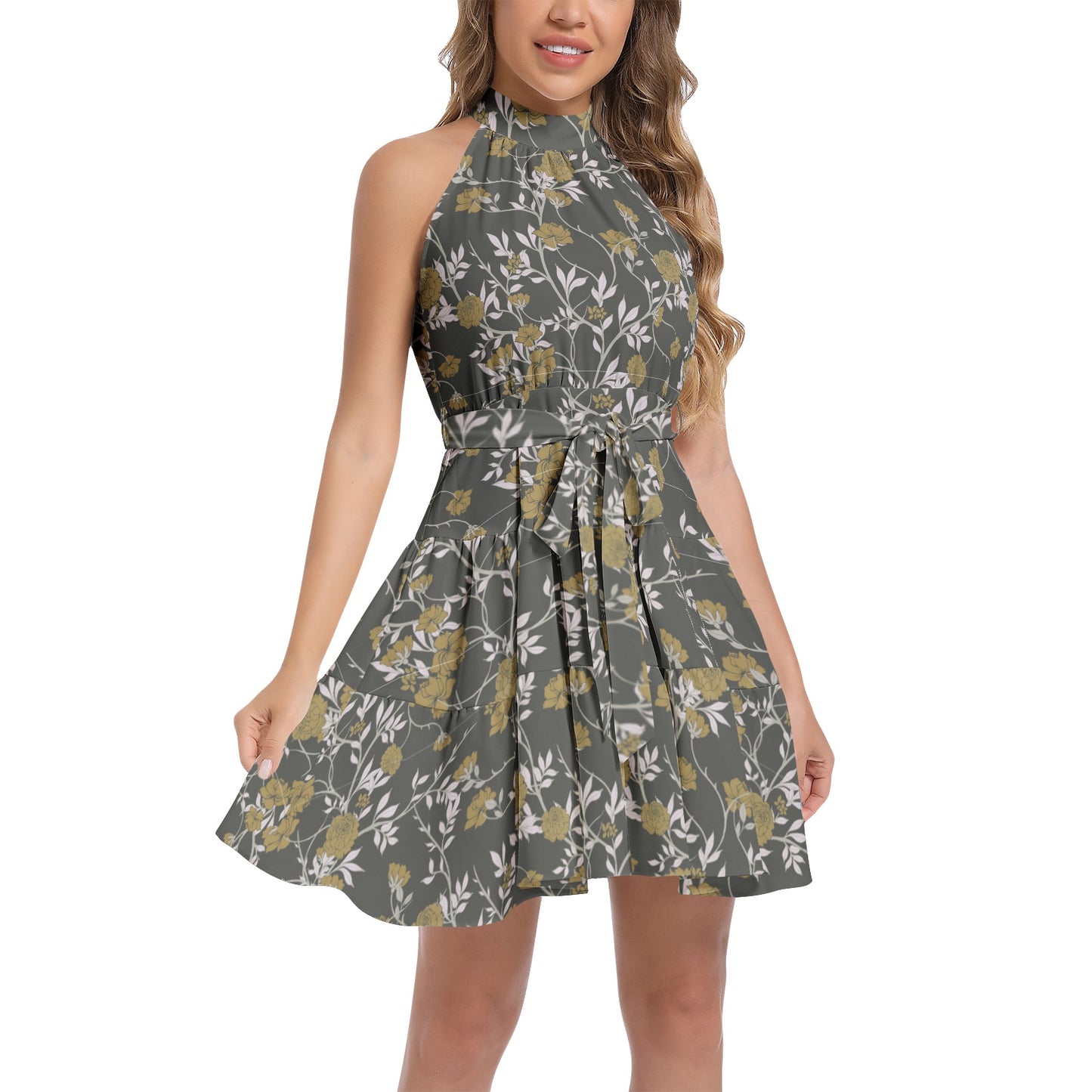 Ruffle Hem Belted Halter Dress