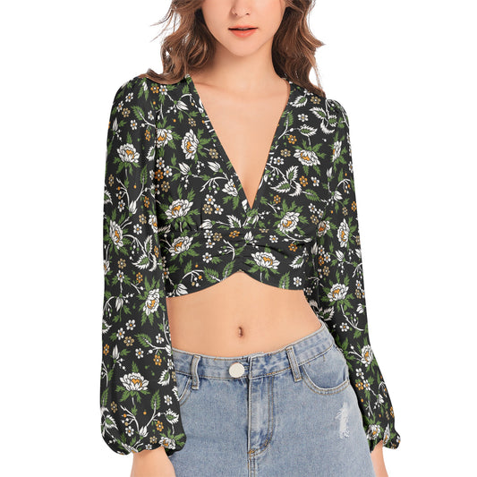 Women's Deep V-Neck Lantern Sleeve Crop Top