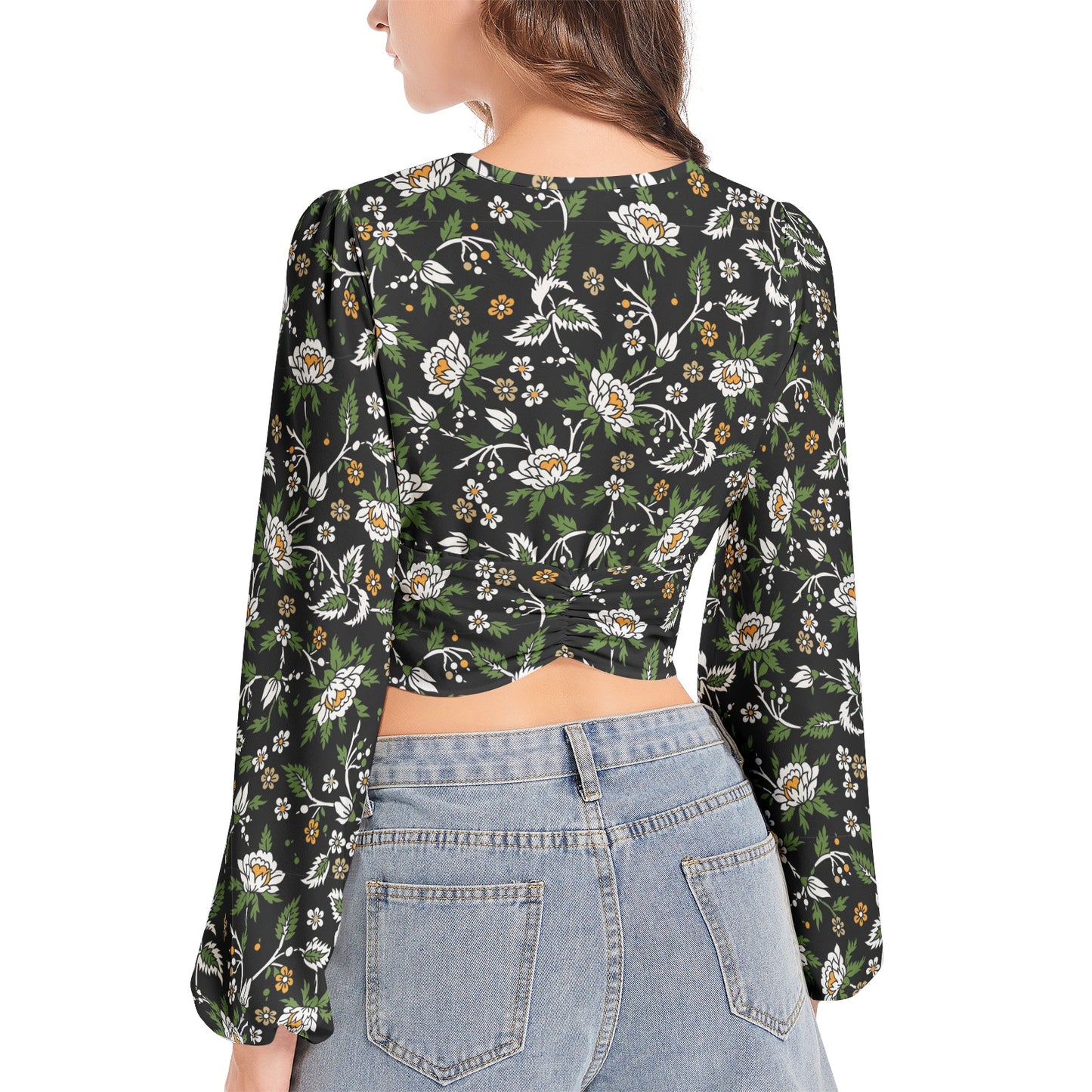 Women's Deep V-Neck Lantern Sleeve Crop Top