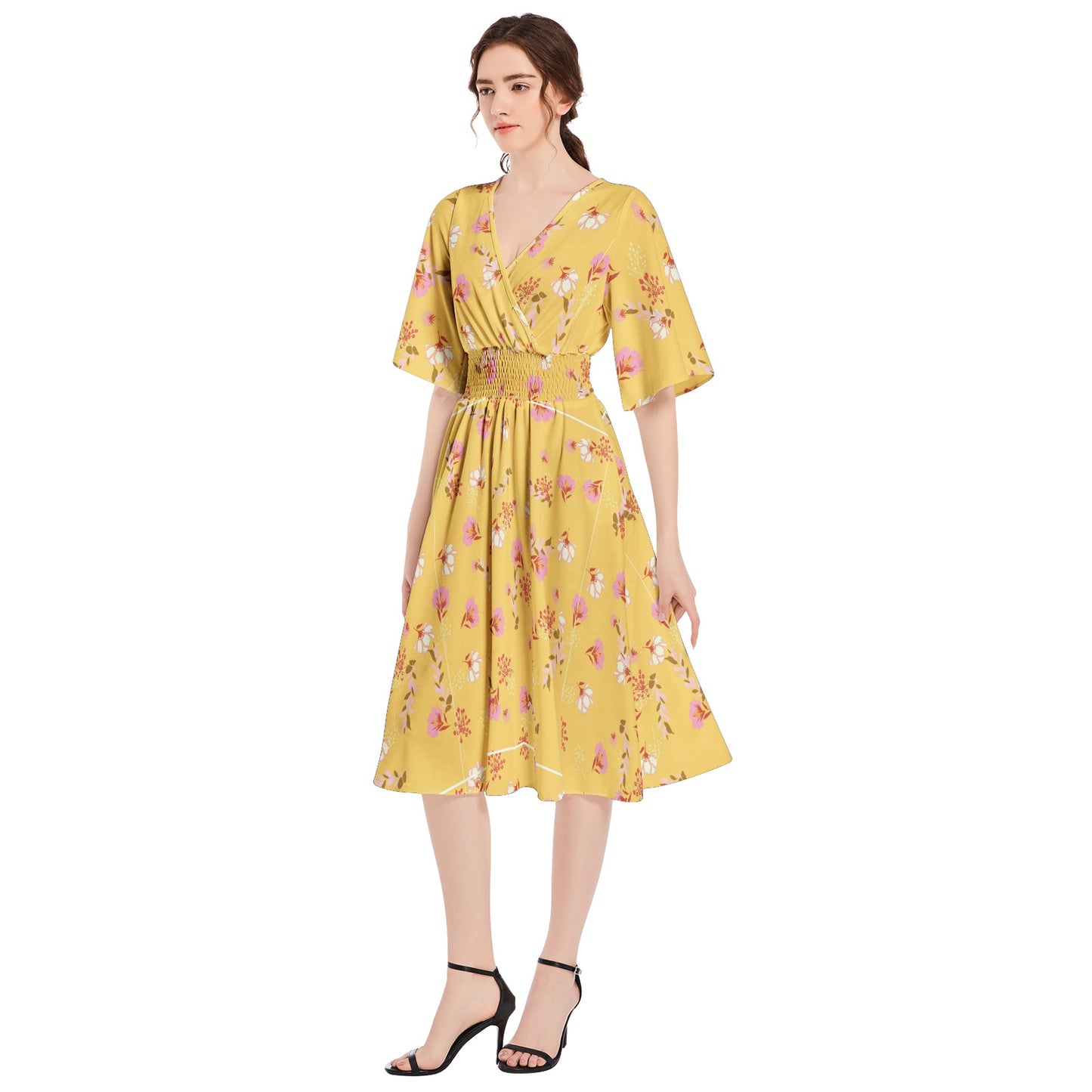 Butterfly Sleeve Shirred High Waist A Line Midi Dress