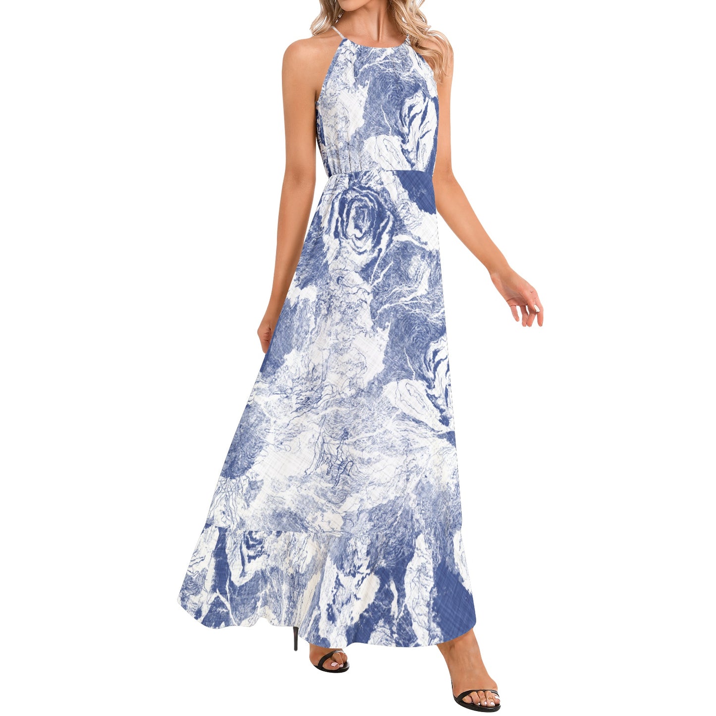 Ruffle Hem Halter Neck Maxi Dress