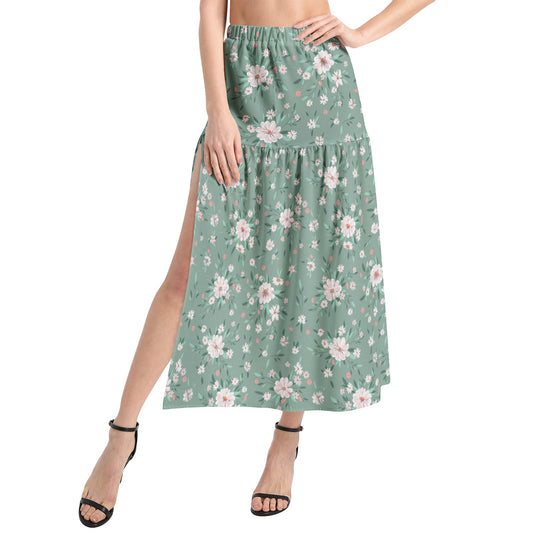 Elastic Waist Ruffle Slit Hem Skirt
