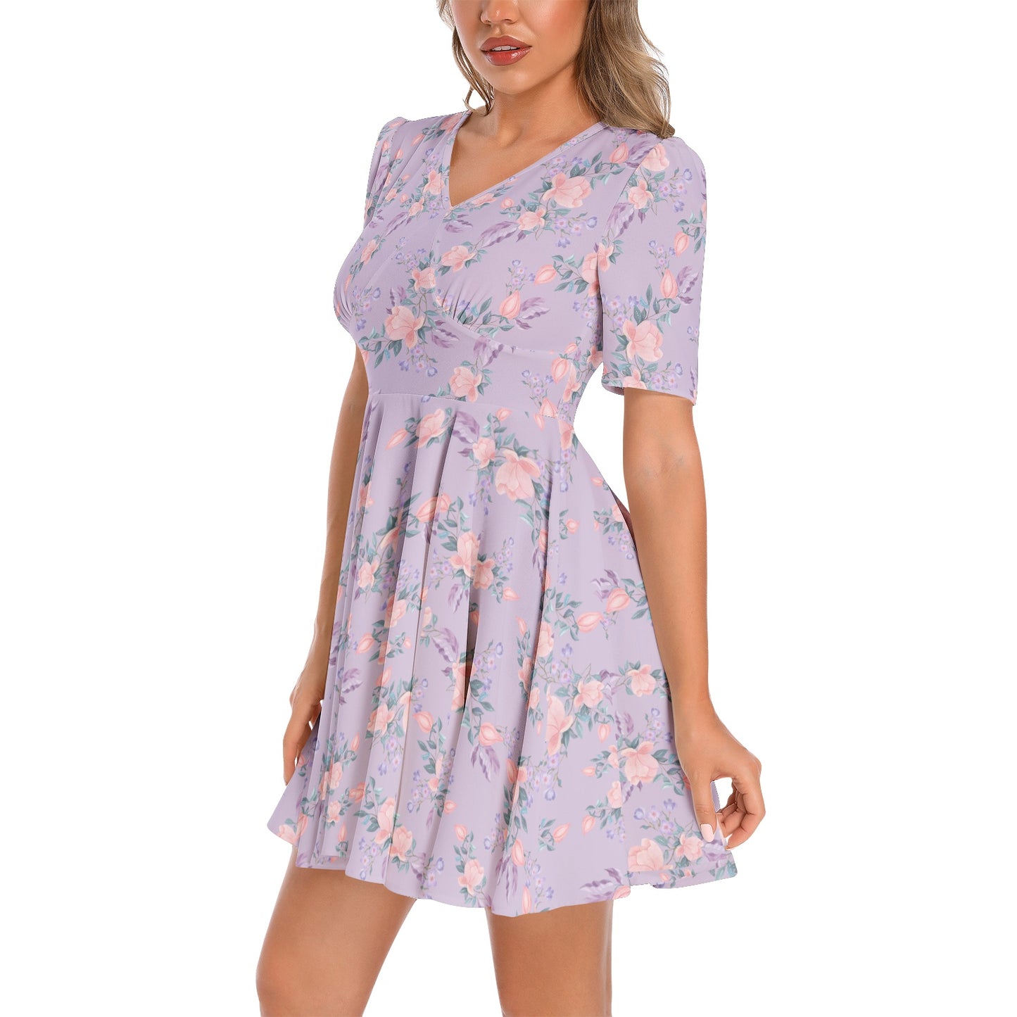 Short Sleeve Ruched Bust Flared Hem Dress