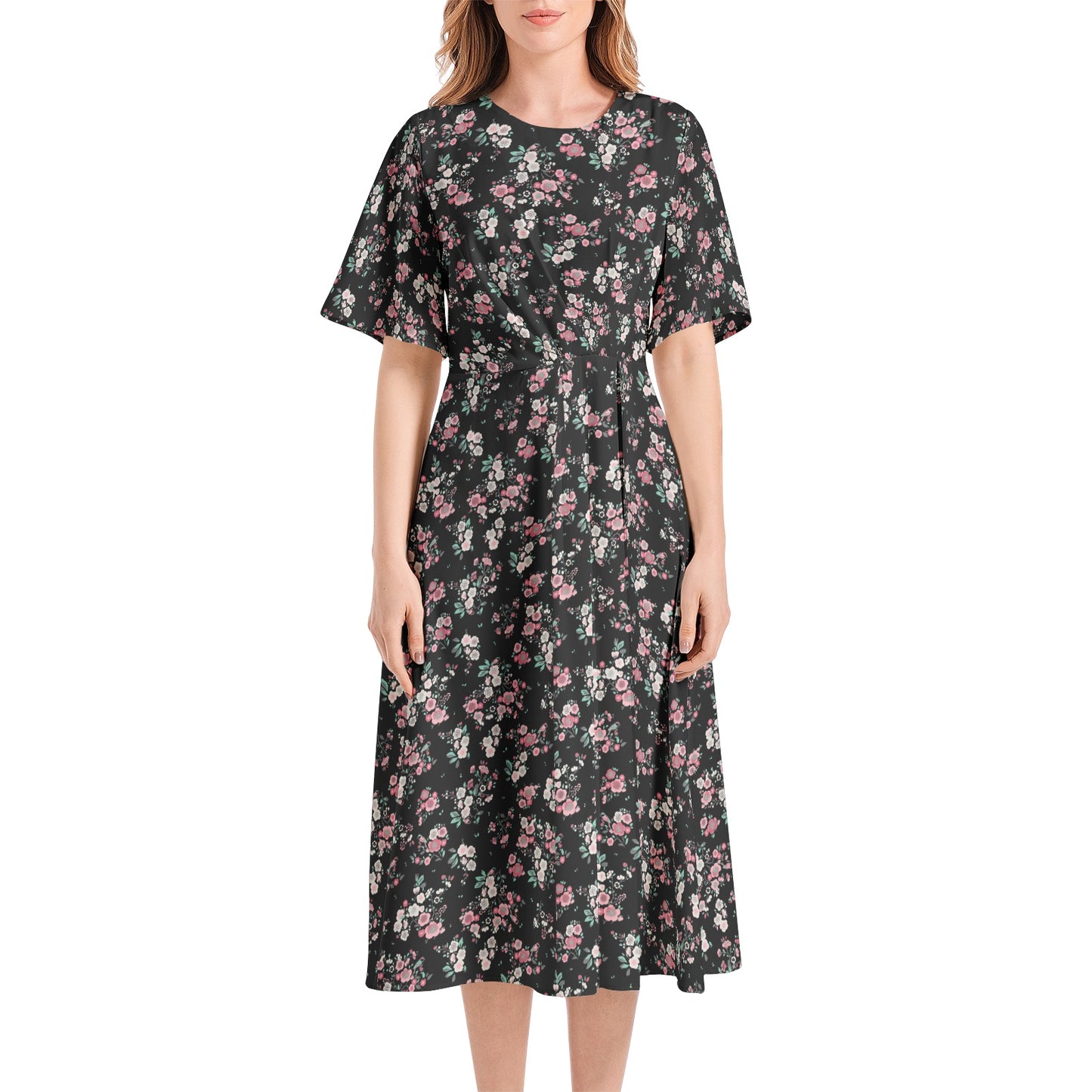 Short Sleeve Waist Folding Midi Dress