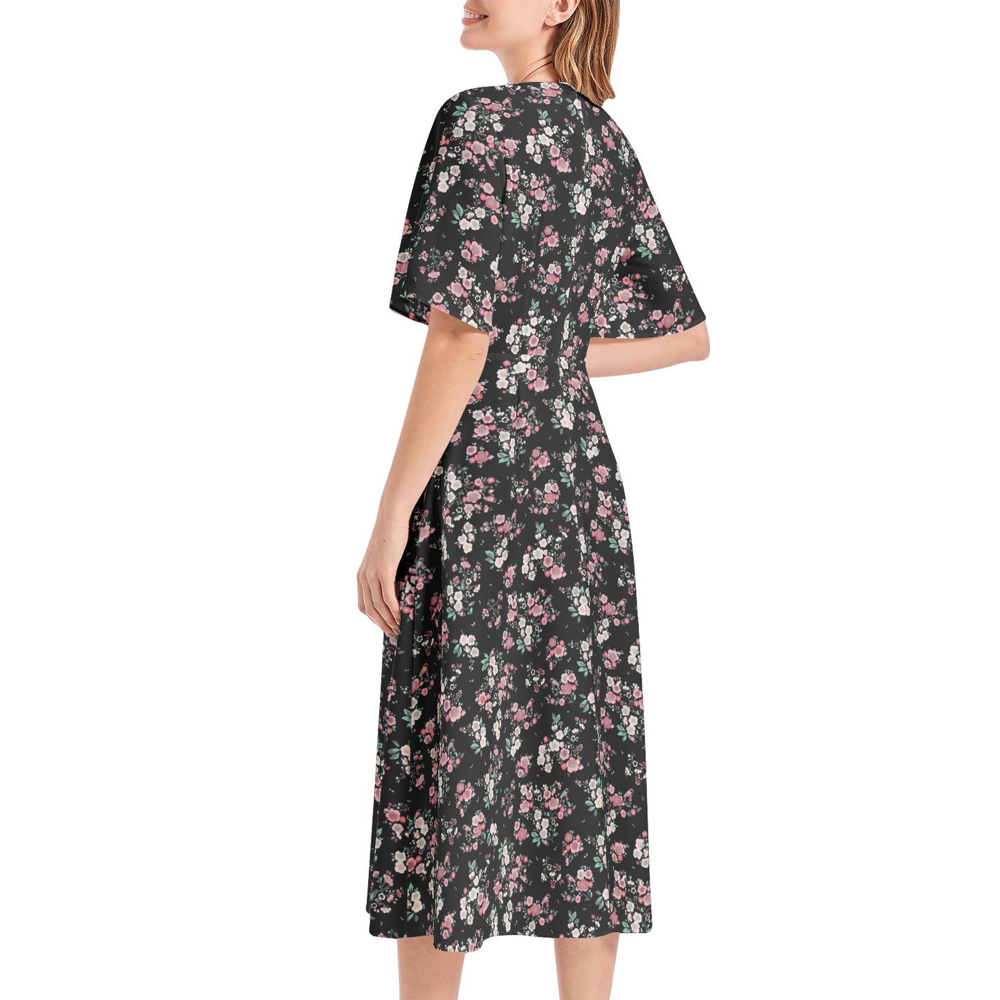 Short Sleeve Waist Folding Midi Dress