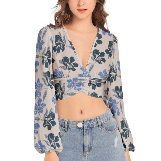 Women's Deep V-Neck Lantern Sleeve Crop Top