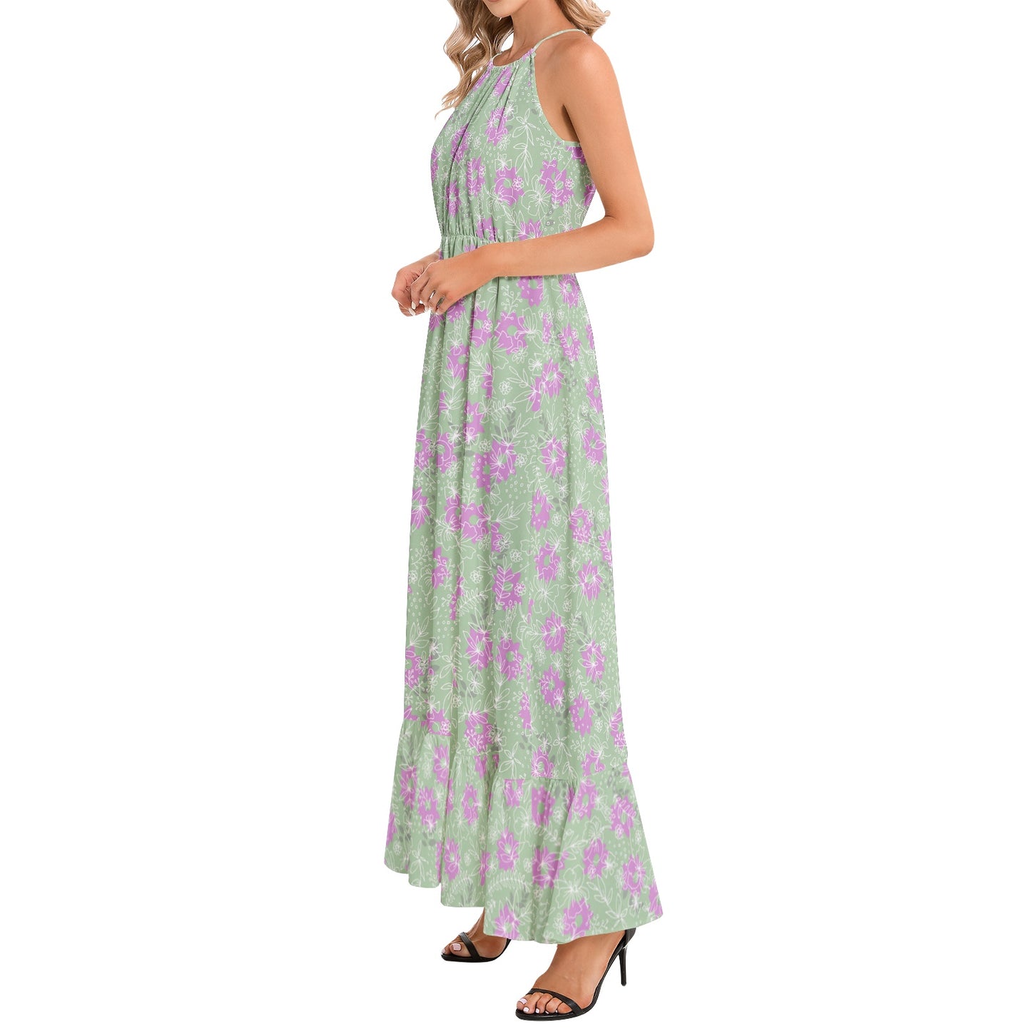 Ruffle Hem Halter Neck Maxi Dress