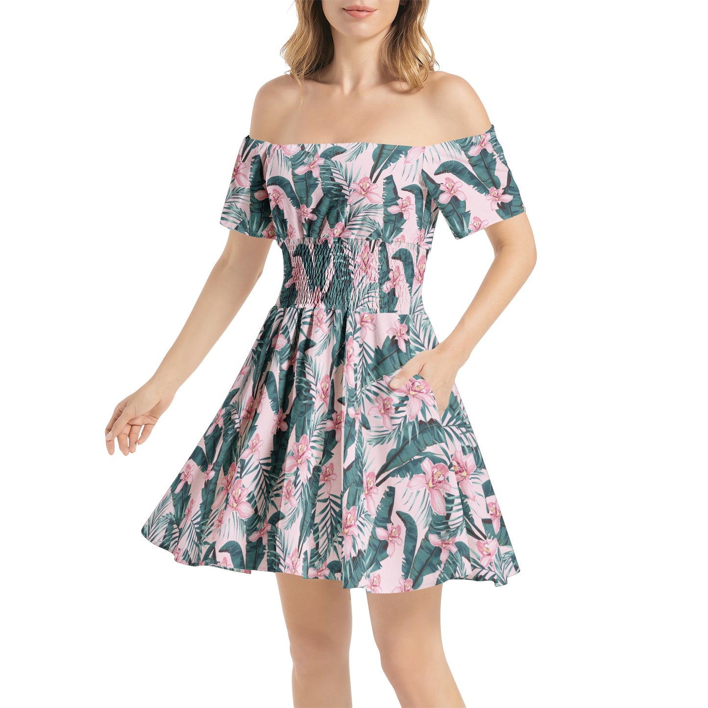 Off Shoulder Shirred Waist Flared Mini Dress