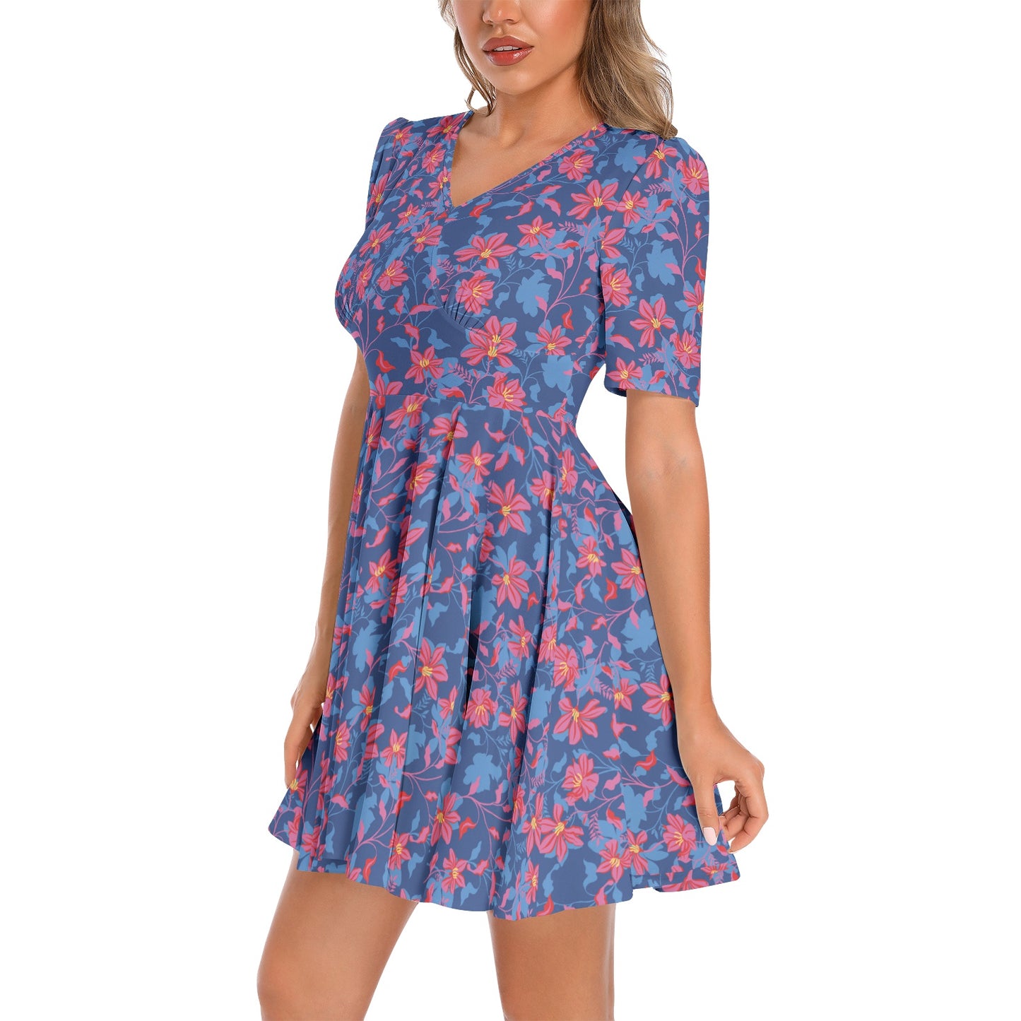 Short Sleeve Ruched Bust Flared Hem Dress