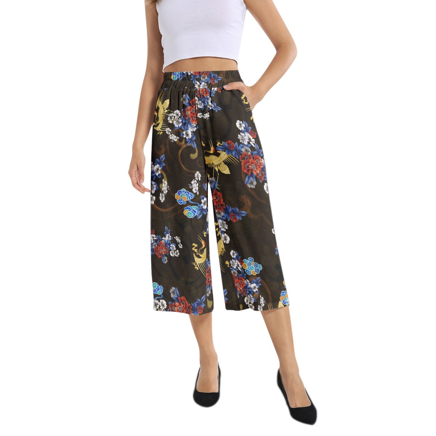 Elastic Waist Capris Wide Leg Pant