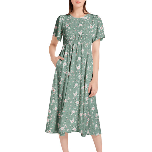 Short Sleeve Shirred Waist Midi Dress