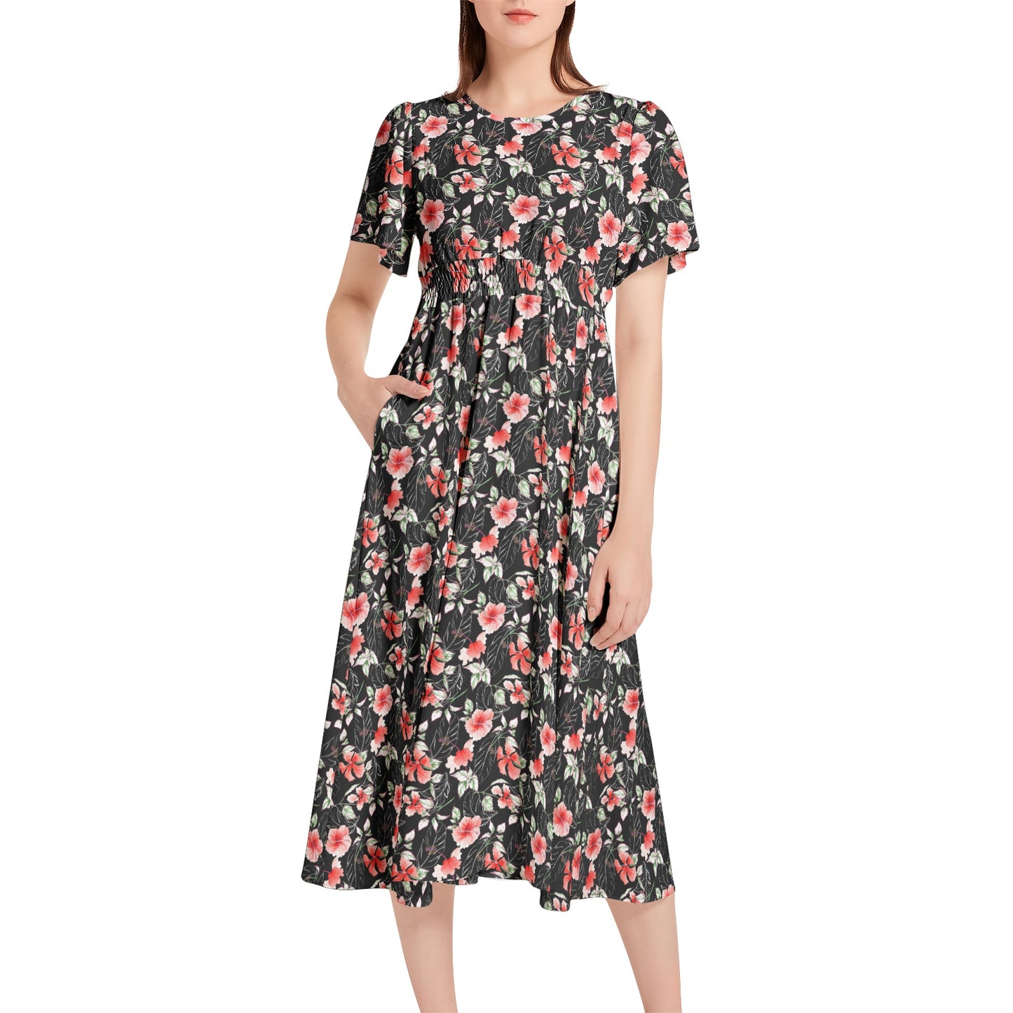 Short Sleeve Shirred Waist Midi Dress