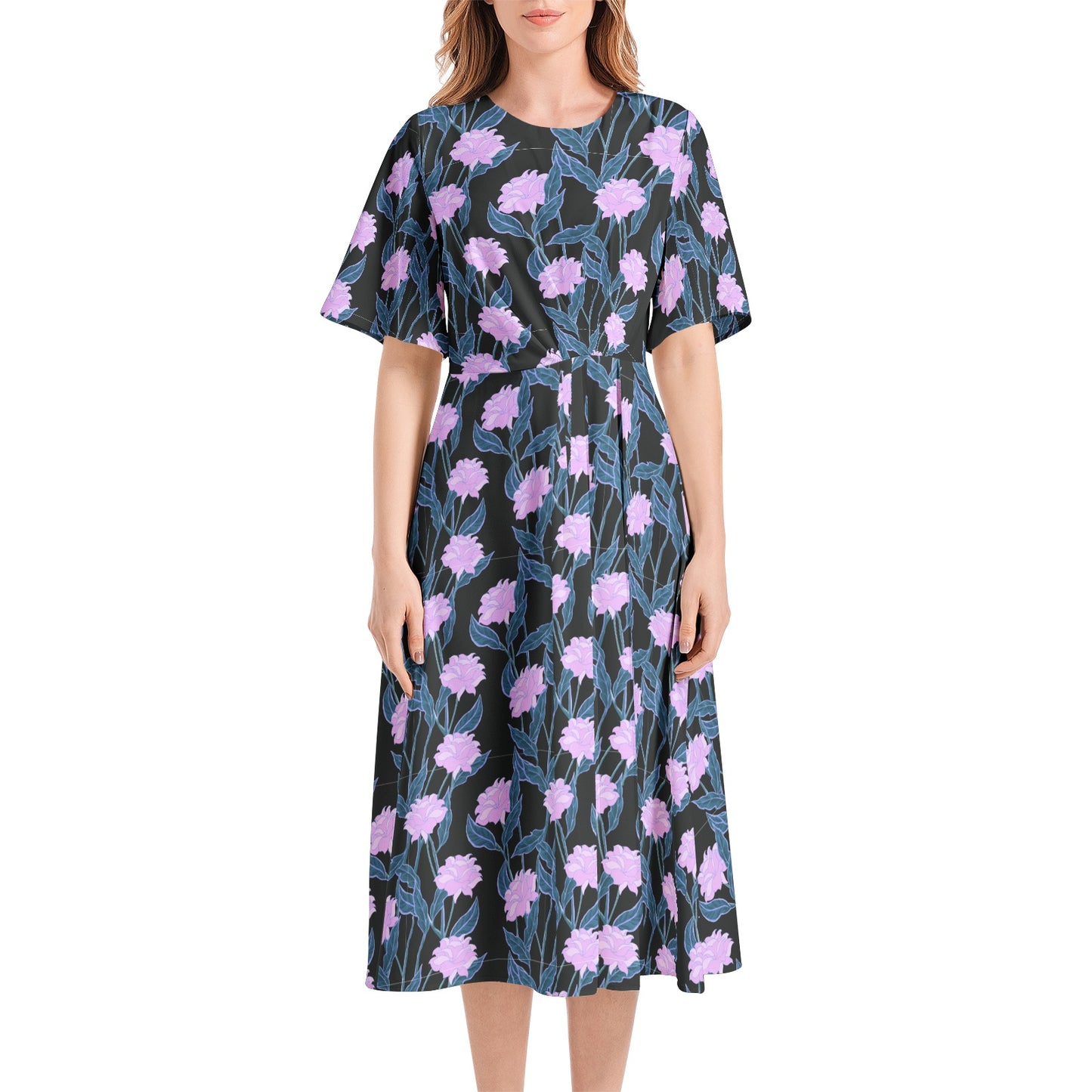 Short Sleeve Waist Folding Midi Dress