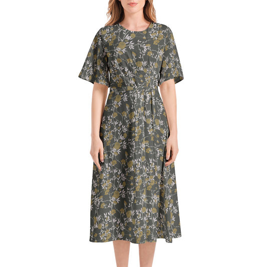 Short Sleeve Waist Folding Midi Dress