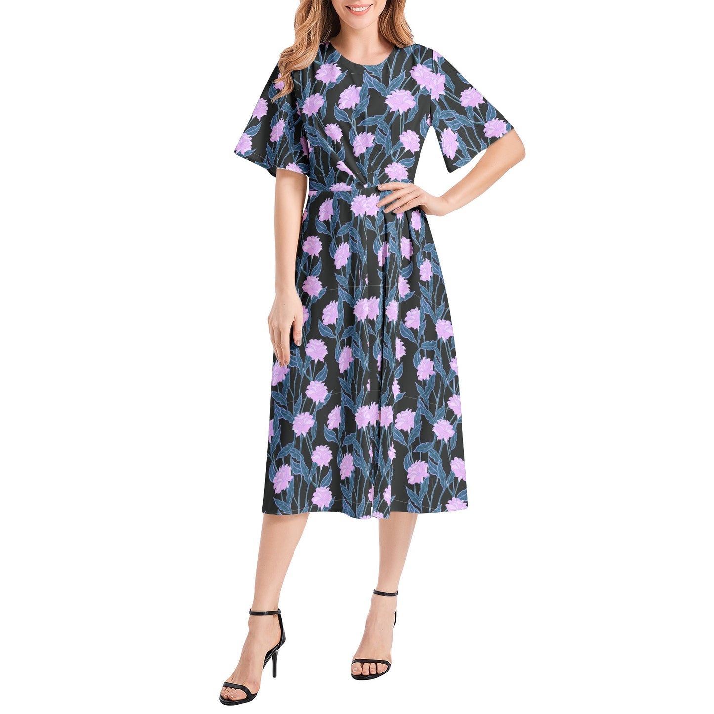 Short Sleeve Waist Folding Midi Dress