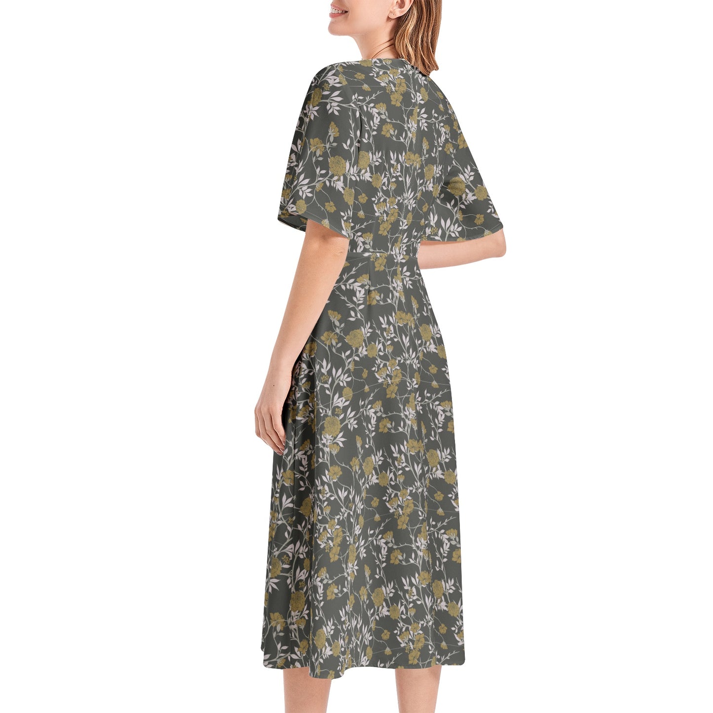 Short Sleeve Waist Folding Midi Dress