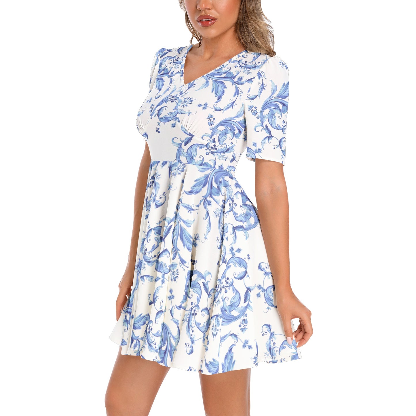 Short Sleeve Ruched Bust Flared Hem Dress