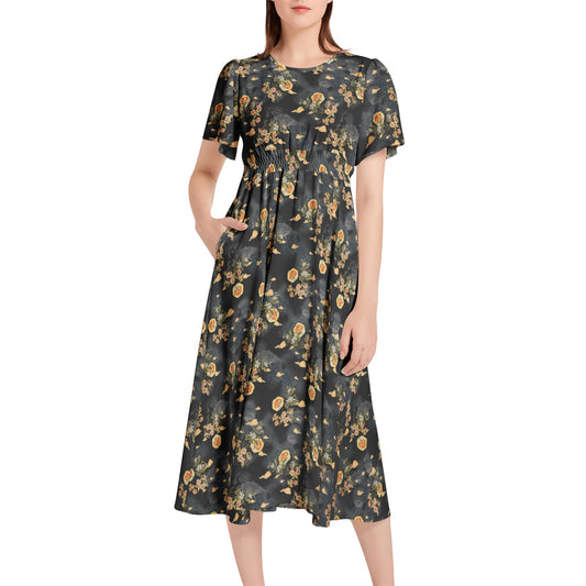 Short Sleeve Shirred Waist Midi Dress