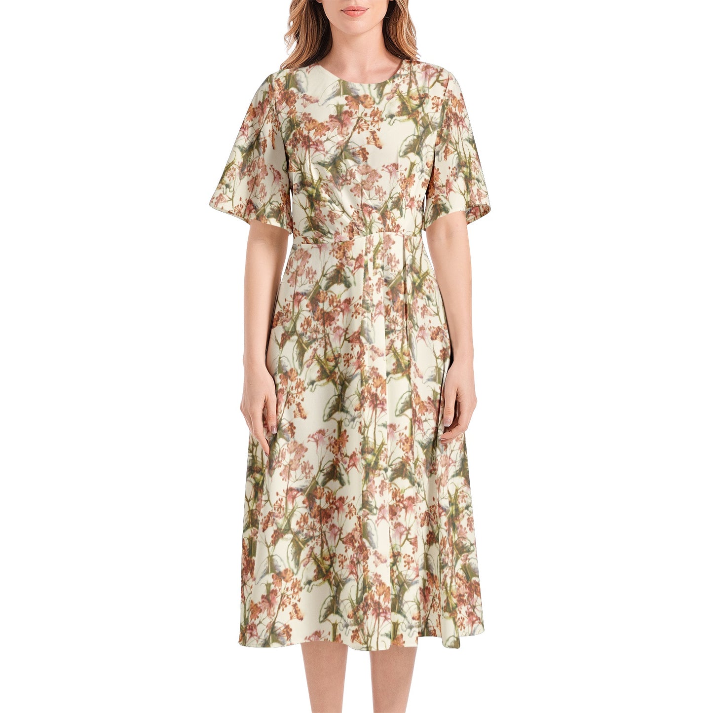 Short Sleeve Waist Folding Midi Dress