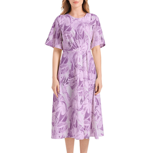 Short Sleeve Waist Folding Midi Dress