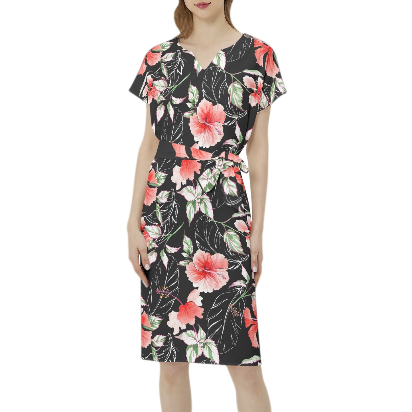 Betwing Seleeve Notch Neck Casual Dress with Belt