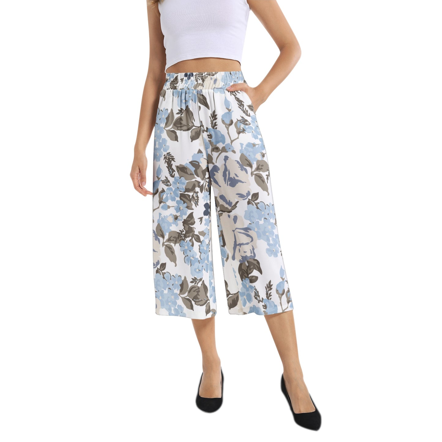 Elastic Waist Capris Wide Leg Pant