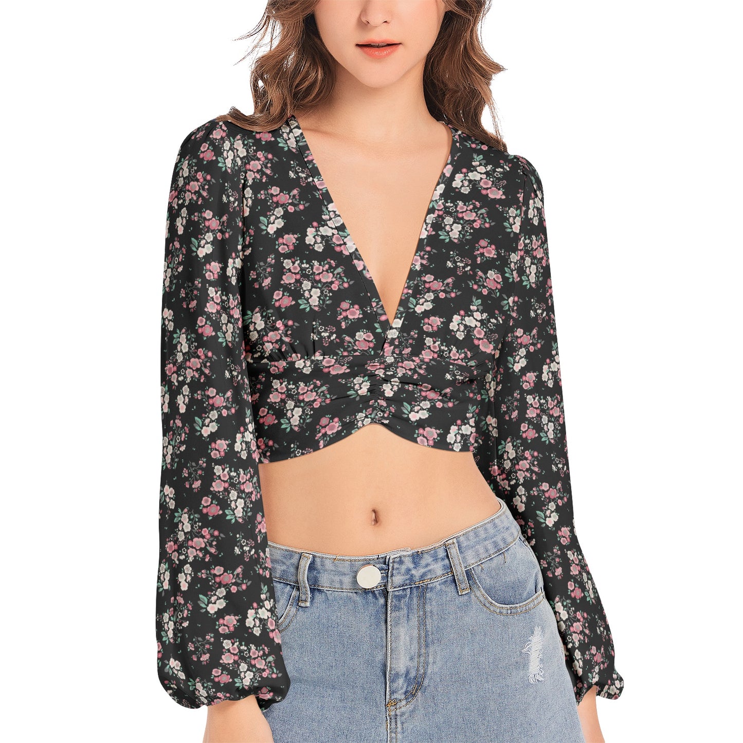 Women's Deep V-Neck Lantern Sleeve Crop Top