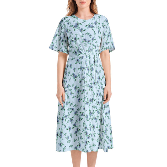 Short Sleeve Waist Folding Midi Dress