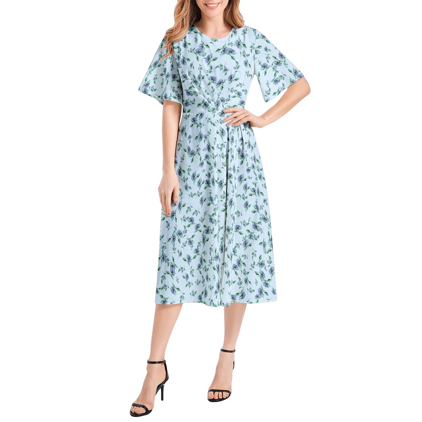 Short Sleeve Waist Folding Midi Dress