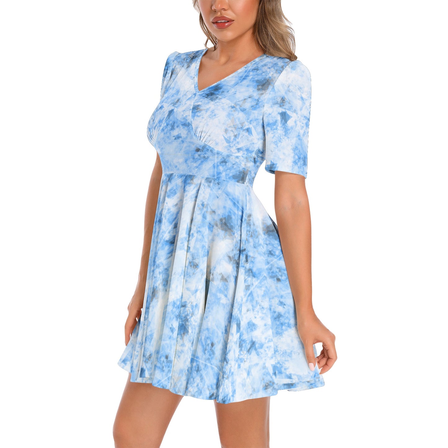 Short Sleeve Ruched Bust Flared Hem Dress