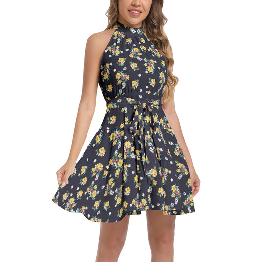 Ruffle Hem Belted Halter Dress