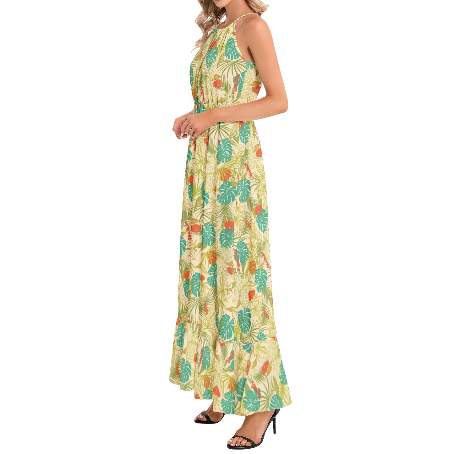 Ruffle Hem Halter Neck Maxi Dress