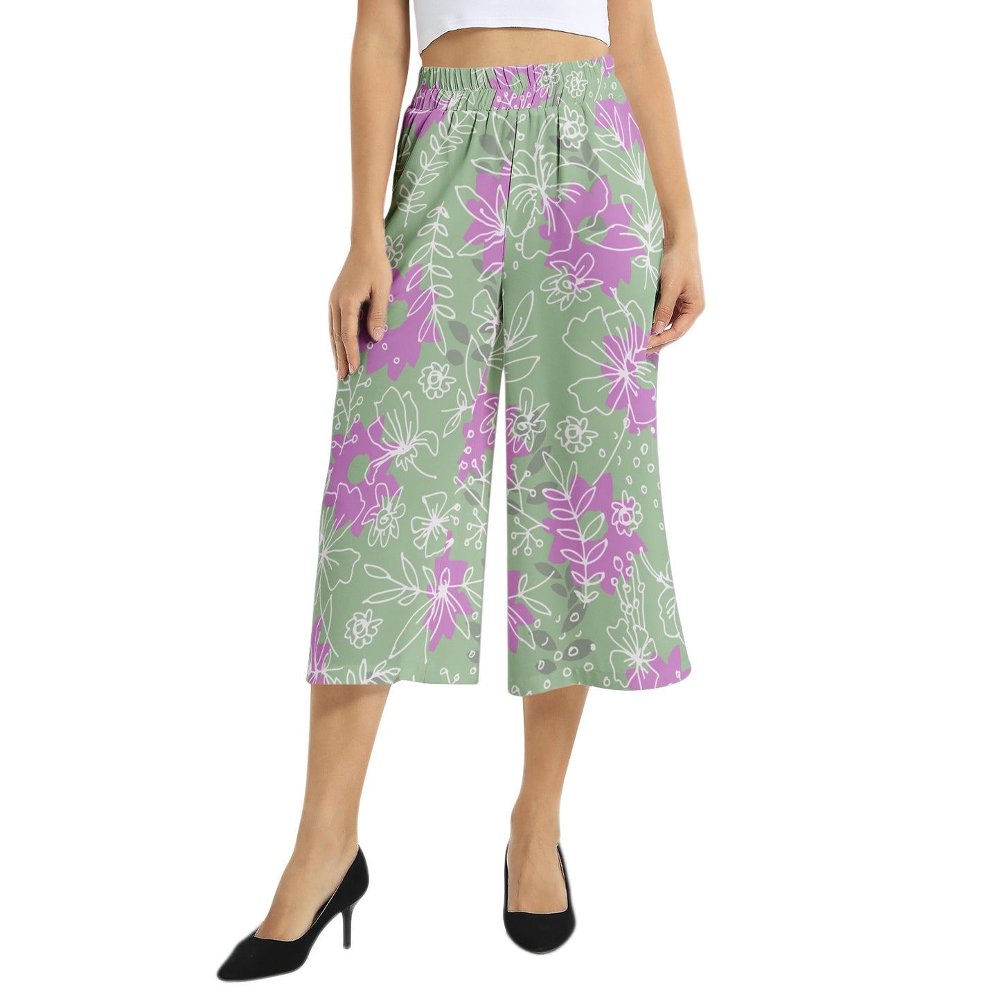 Elastic Waist Capris Wide Leg Pant