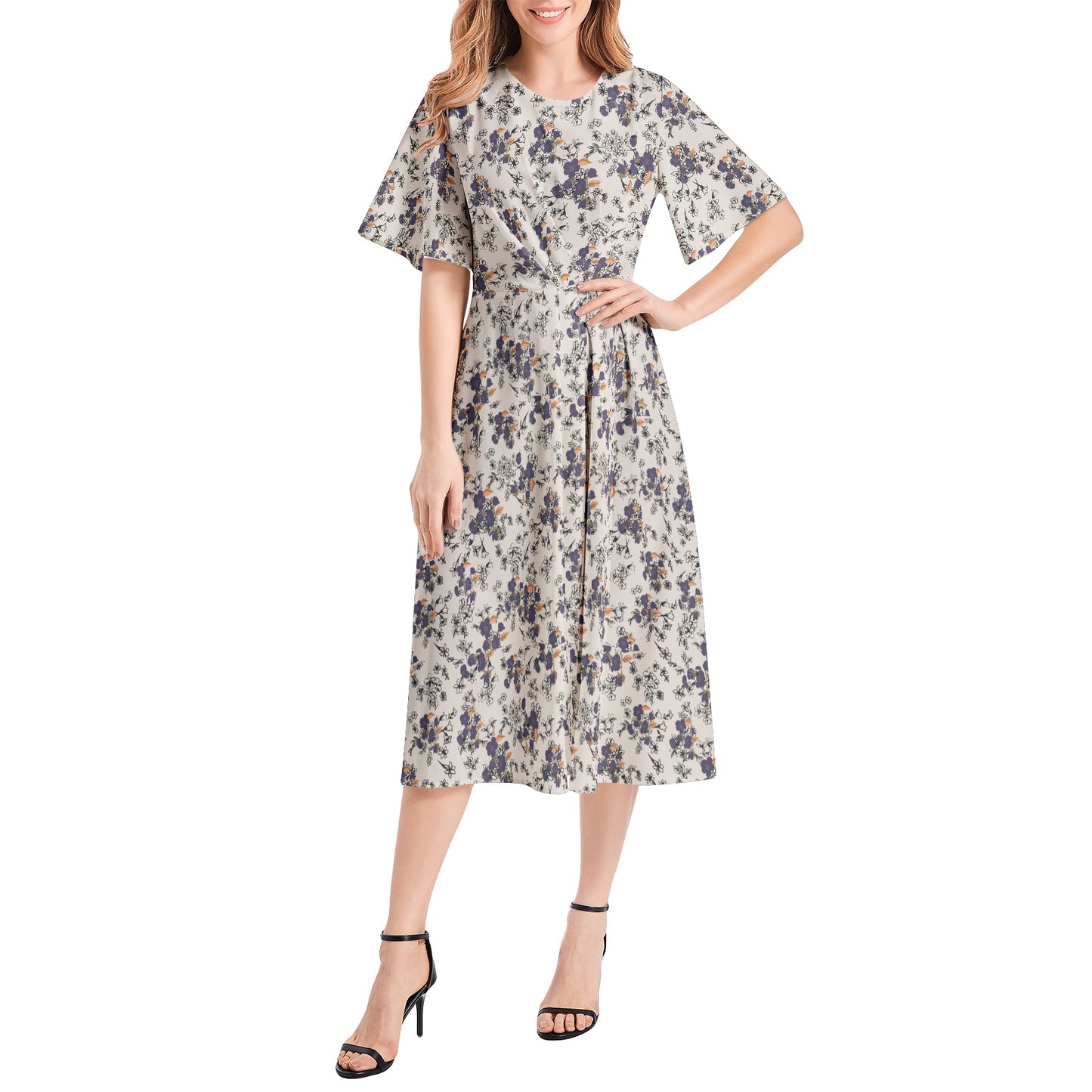 Short Sleeve Waist Folding Midi Dress