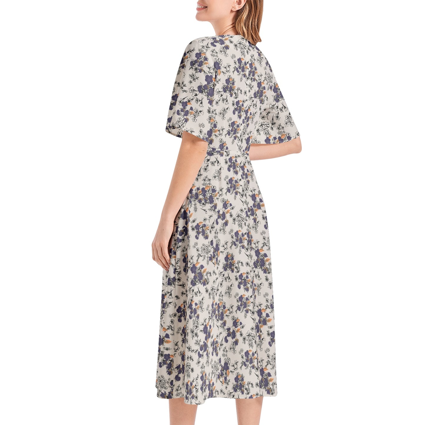 Short Sleeve Waist Folding Midi Dress