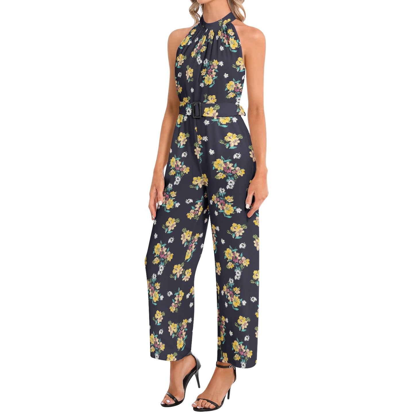 Halter Neck Buckle Belted Jumpsuit