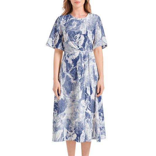 Short Sleeve Waist Folding Midi Dress