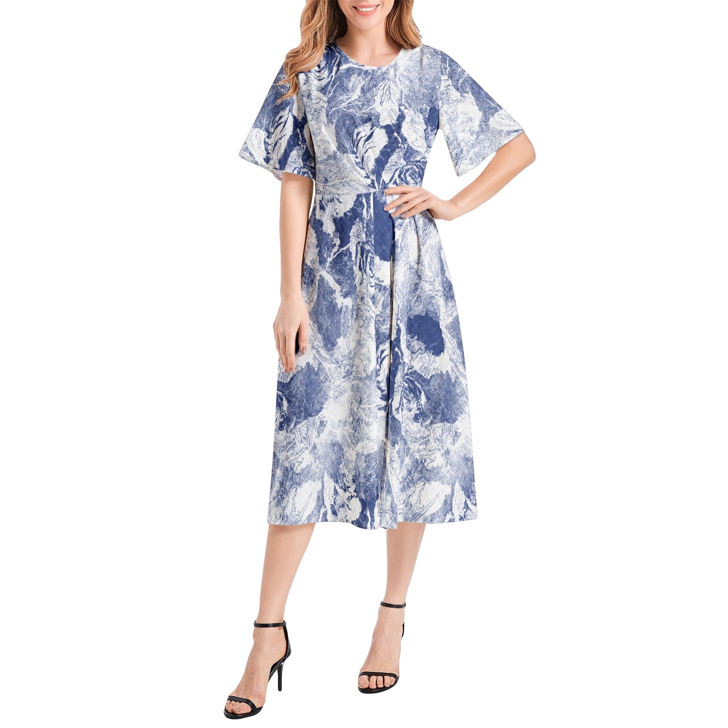 Short Sleeve Waist Folding Midi Dress