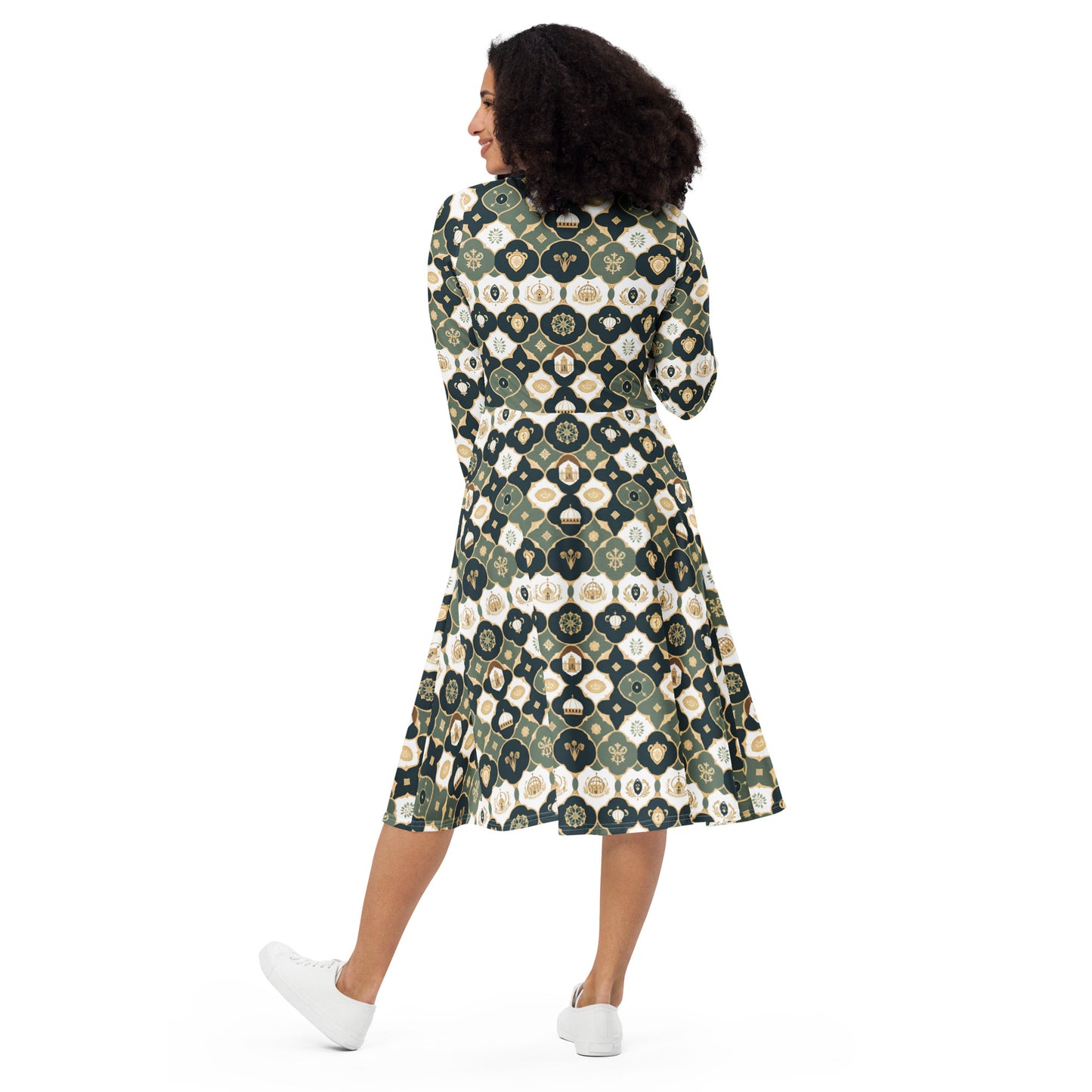 All-over print long sleeve midi dress