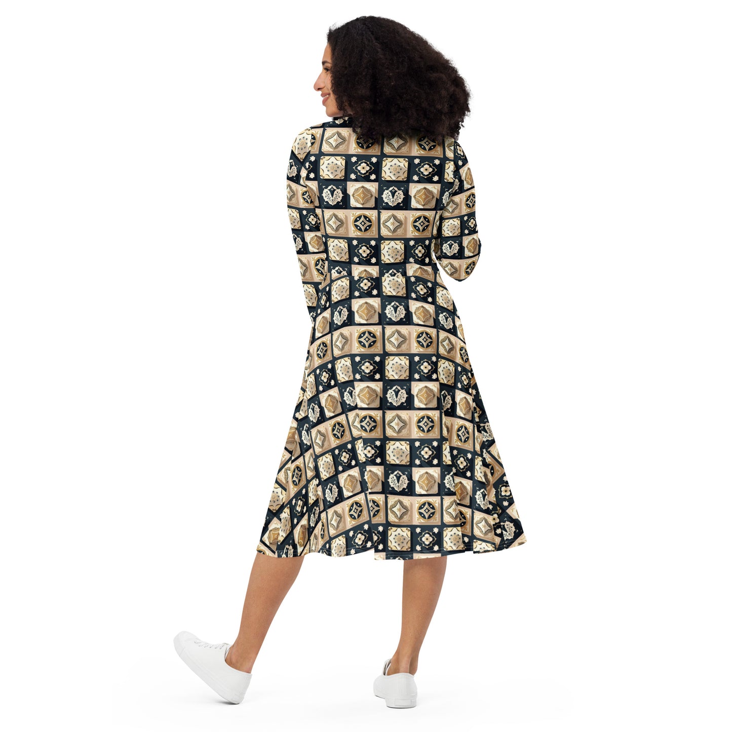 All-over print long sleeve midi dress