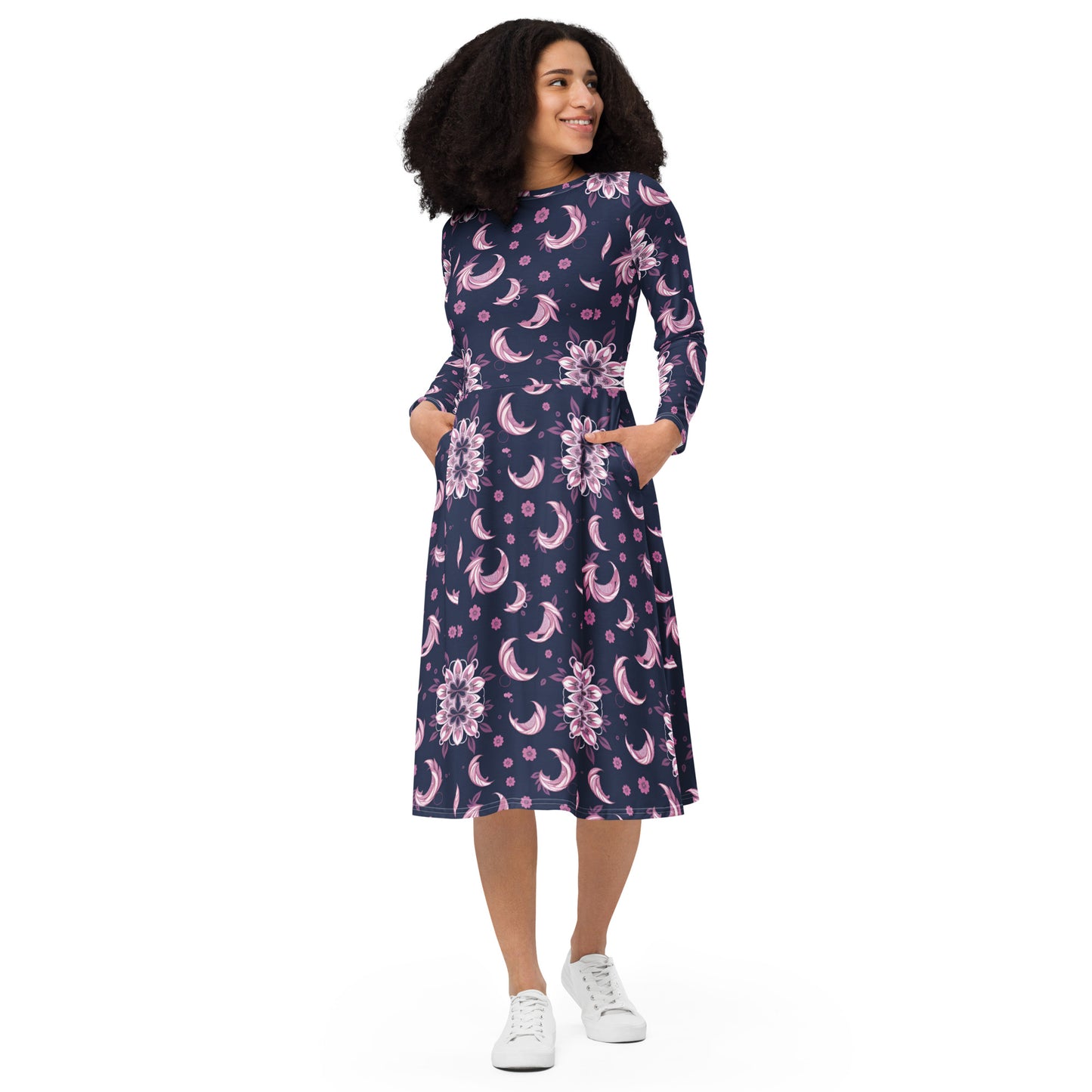 All-over print long sleeve midi dress