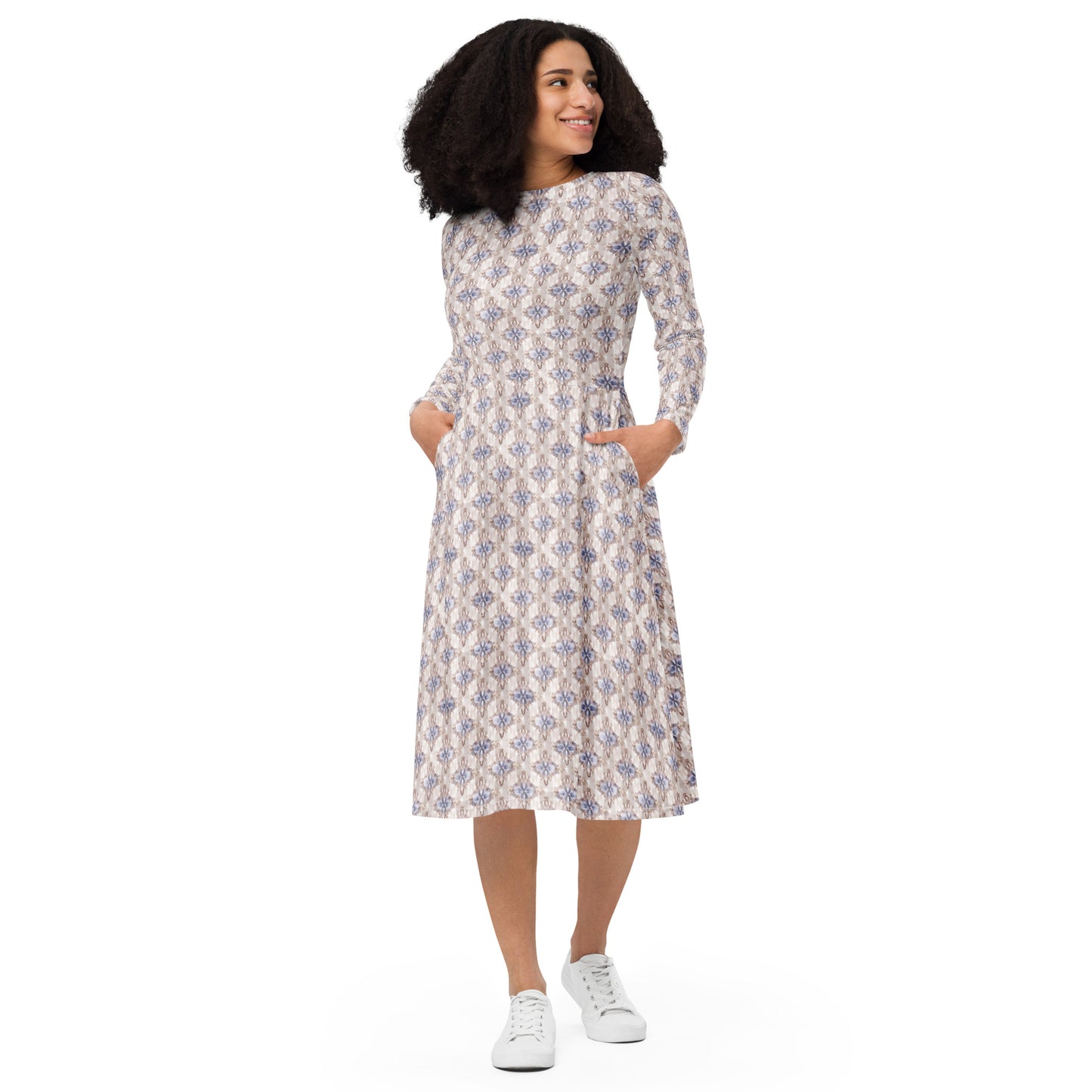 All-over print long sleeve midi dress