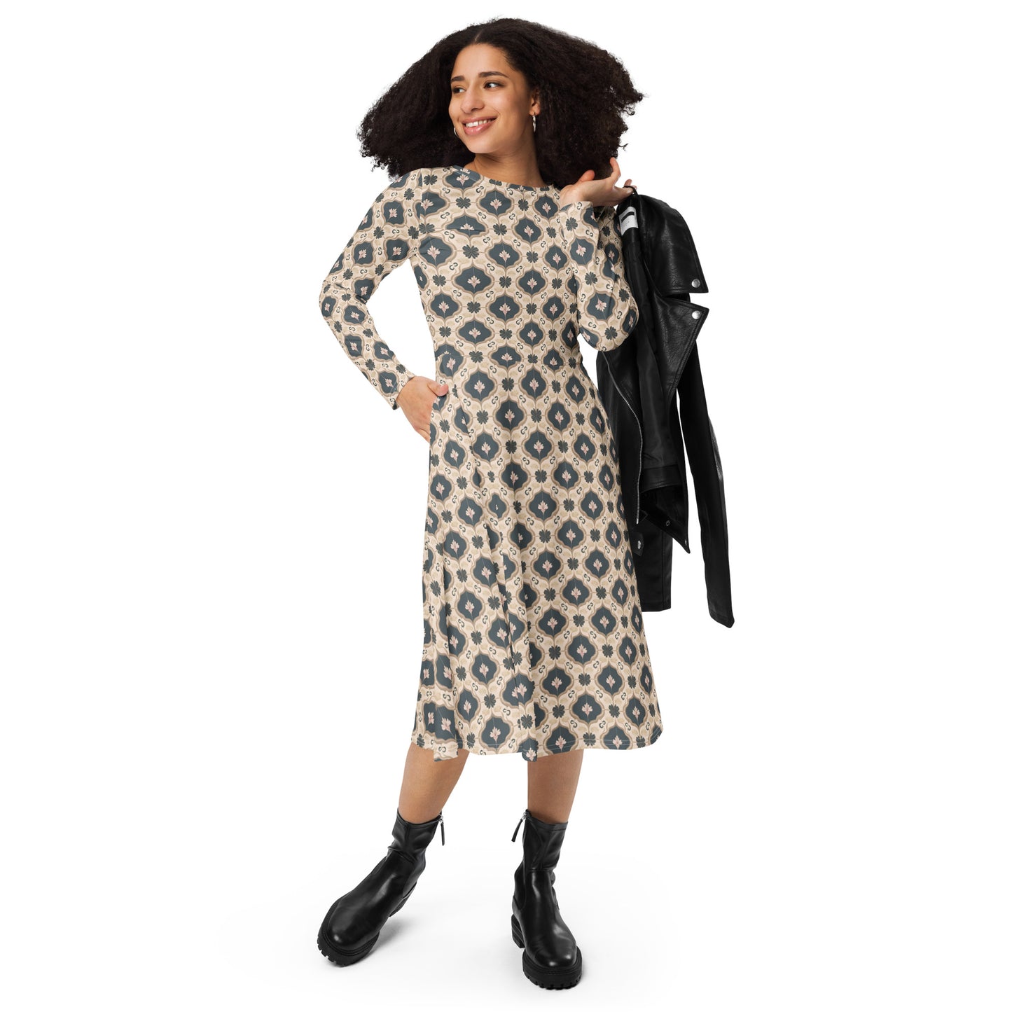 All-over print long sleeve midi dress