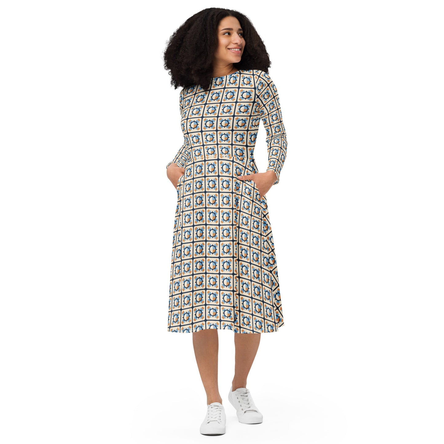 All-over print long sleeve midi dress