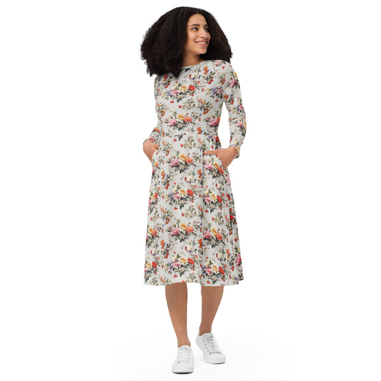 All-over print long sleeve midi dress